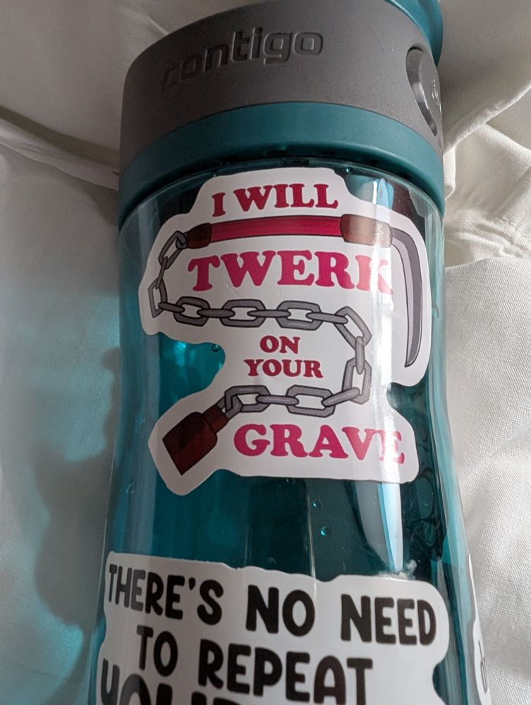 Reusable water bottle with a sticker that reads "I will twerk on your grave"
