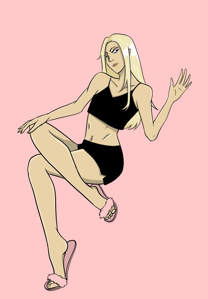 A feminine looking white man with long blonde hair wears a black crop top and short black boxer shorts. He wears pink slippers. He’s sitting down and has his legs crossed. He looks annoyed. 