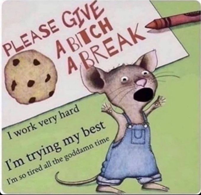 The cover of If You Give A Mouse A Cookie edited to say "Please give a bitch a break. I work very hard. I'm trying my best. I'm so tired all the goddamn time."