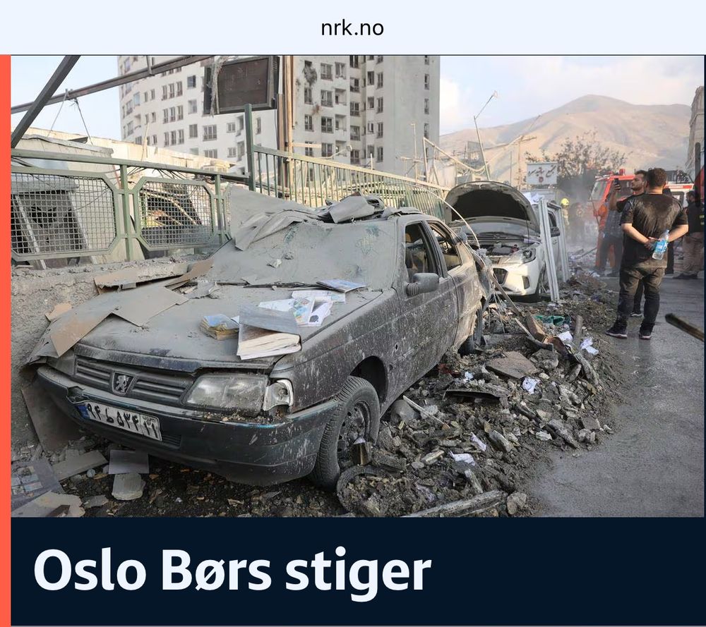 Skjermdump fra nrk. Bilde av utbombet bil og utbombet bygning. Tekst: «Oslo børs stiger»