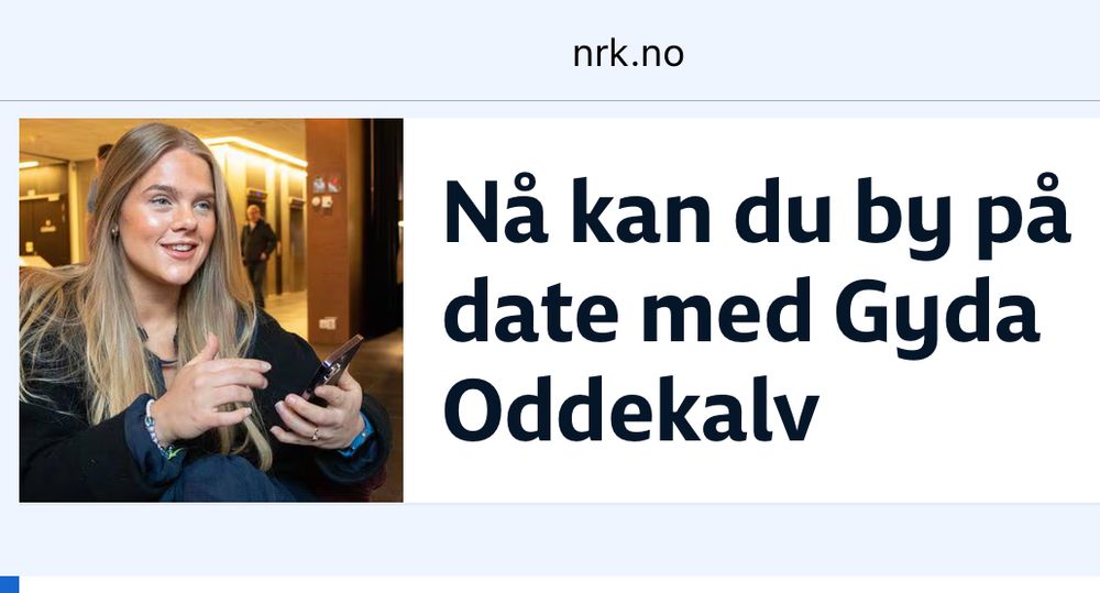 Skjermdump fra NrK: «nå kan du by på date med Gyda Oddekalv»