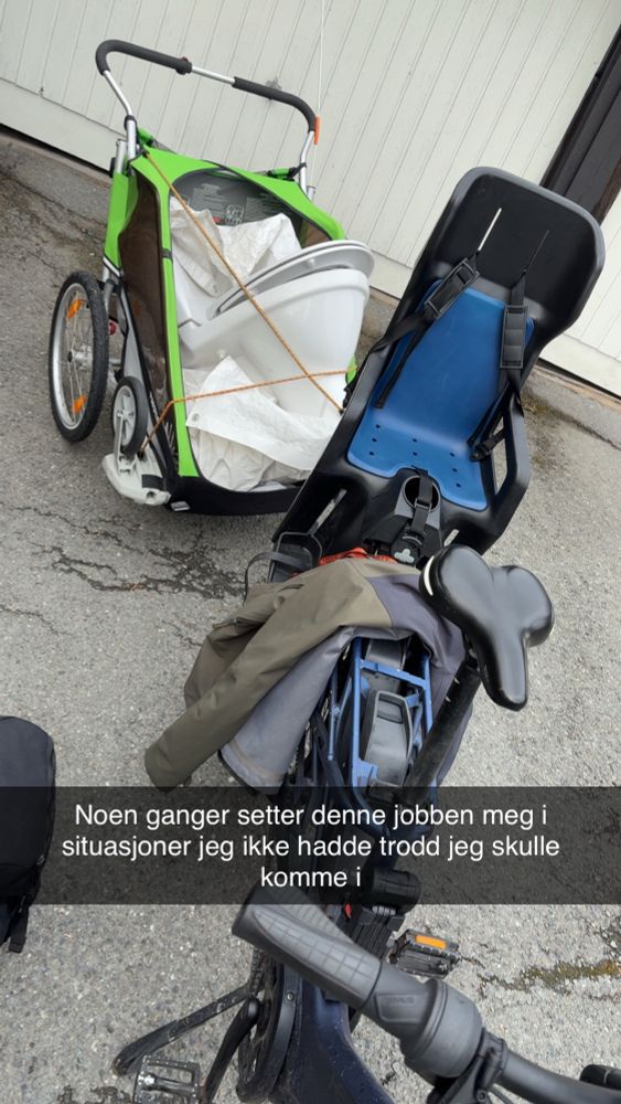 Sykkel med barnesete og tilhenger bak. I tilhengeren ligger en do.