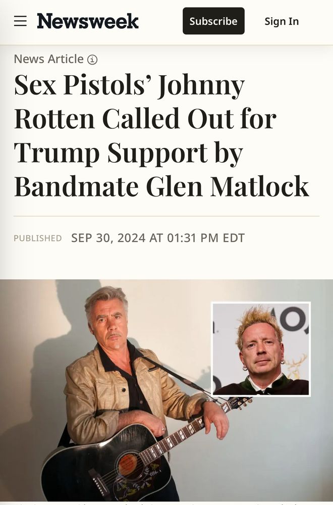 Skjermdump fra Newsweek «Sex Pistols Johnny Rotten called out for Trump support by bandmate Glen Matlock». Og bilde av begge de to aldrende herrene.