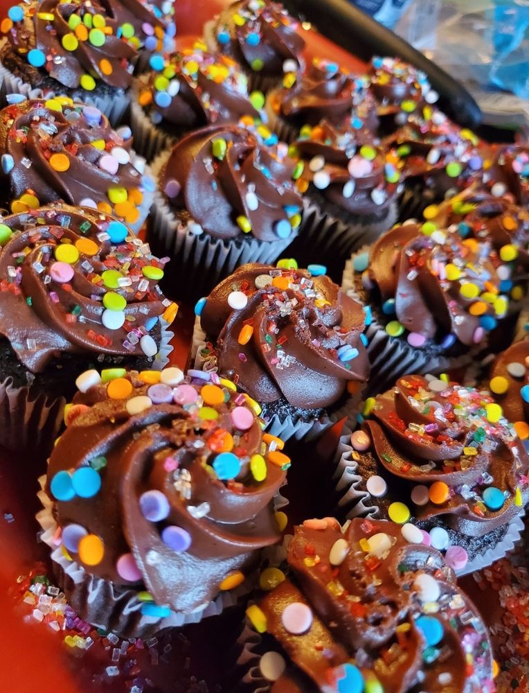 Chocolate fudge cupcakes with rainbow edible confections & sprinkles. 