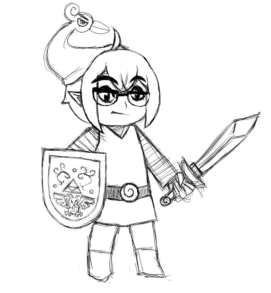 Black and white drawing of vtuber Beuchi drawn in the style of toon zelda games dressed as Link from The Legend of Zelda: The Minish Cap.