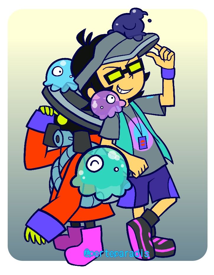 Yummy and MZD standing side by side, with MZD's tunestreet outfit taking on colors mostly from Yummy's slime companions, parodying an in-game remix splash art. They both tip their headwear similarly. Yummy's three slime companions hang around, with one close up to the screen. Hatena has taken on a slime form to match.