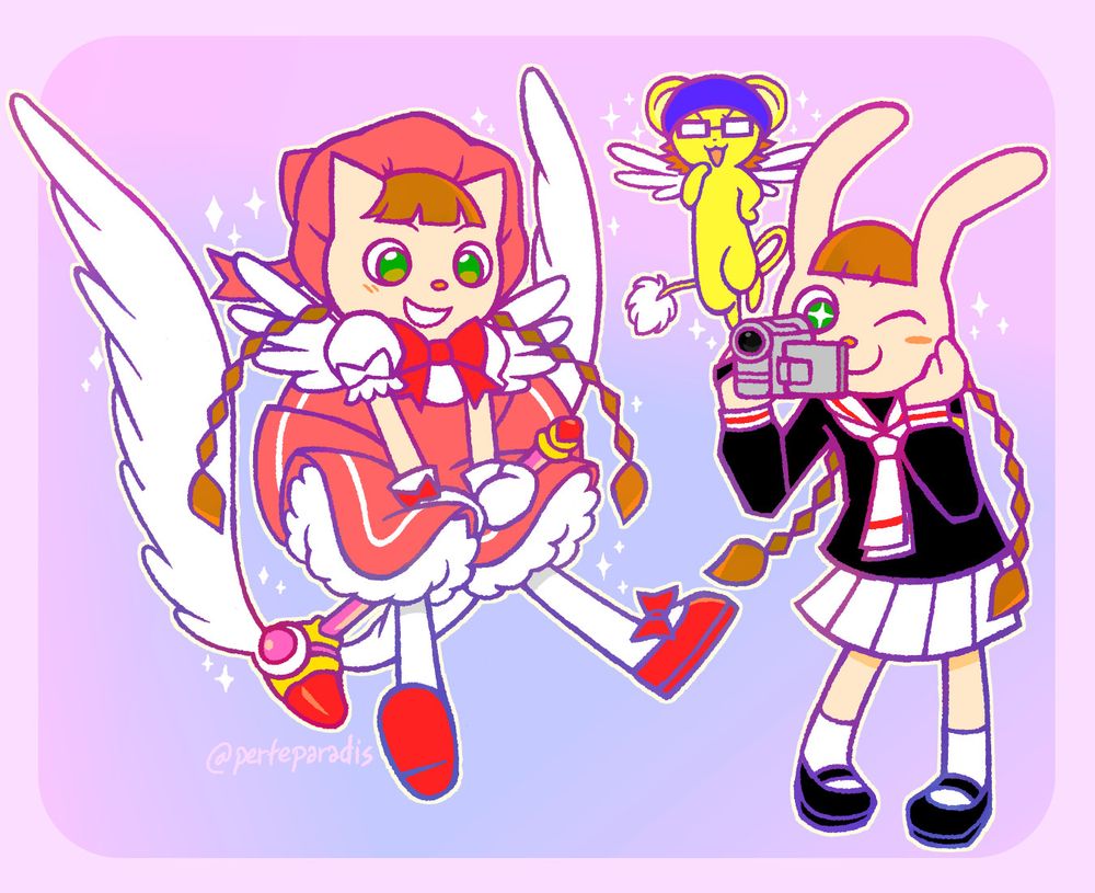 Full body and on model drawings of Nyami and Mimi, cosplaying as Sakura and Tomoyo from Card Captor Sakura, respectively. Nyami is attempting to ride the sealing wand, while Mimi holds a camcorder to record her precious gf. Behind them is MZD who has taken on the form of Kero, looking smug.