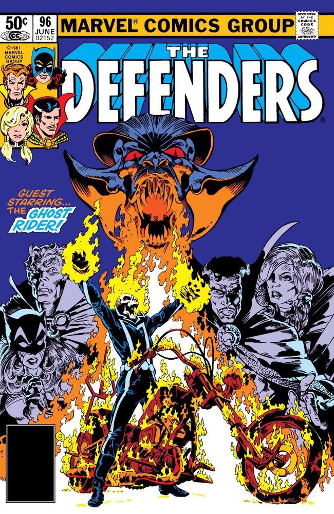 Ghost Rider being all hellish, standing astride his hellbike, that is lit on fire. In the background the Defenders look on in astonishment—and a demon sprays fire onto the Ghost Rider. 