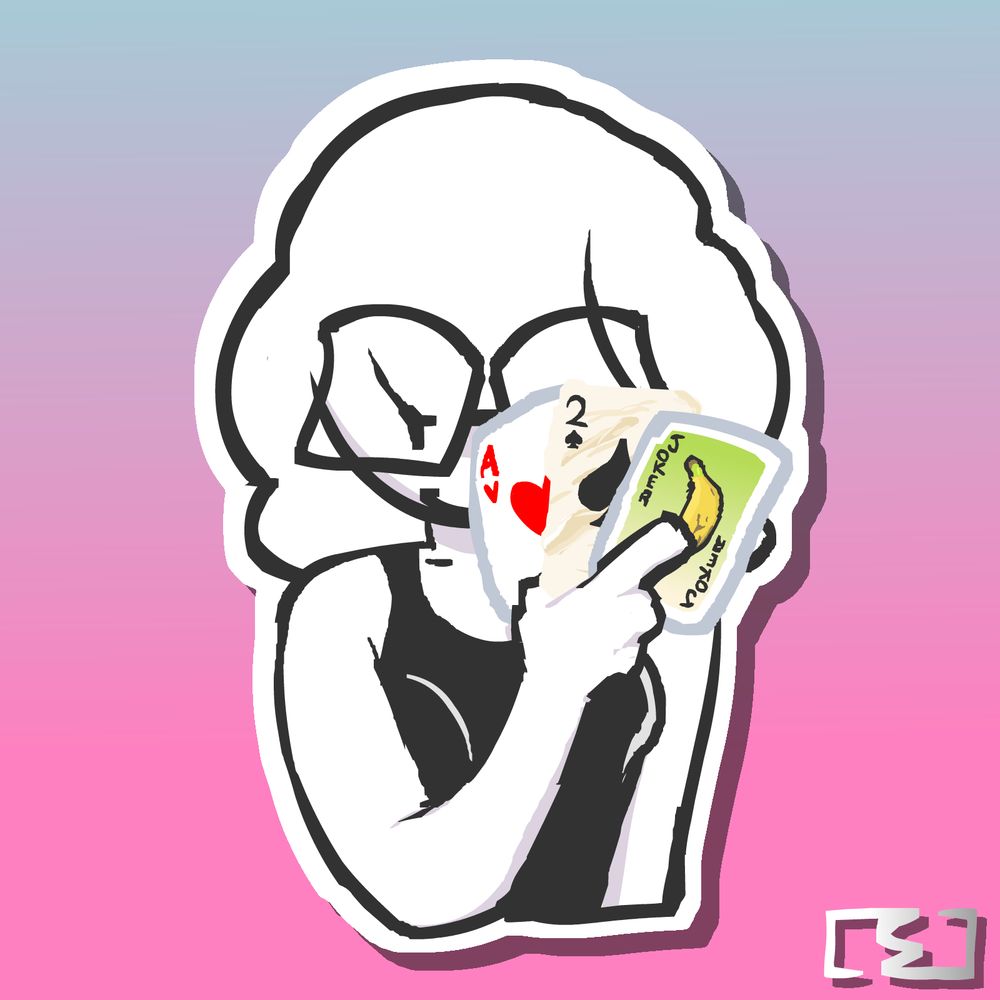 My persona holding an Ace of Hearts, 2 of Spades, and Gros Michel joker