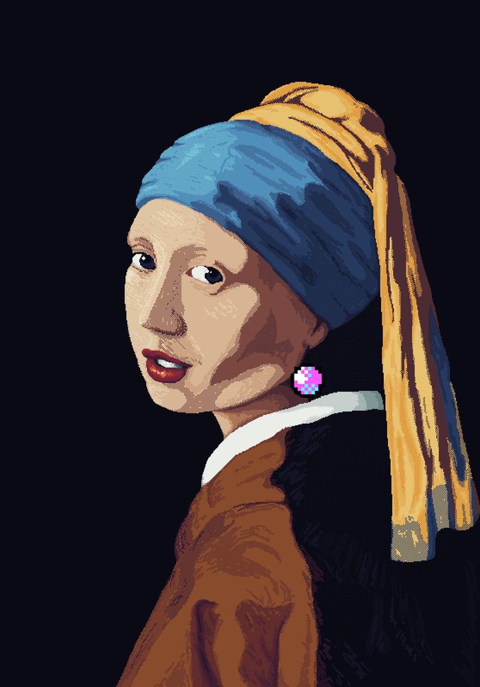 A pixel art recreation of Vermeer's oil painting 'Girl with a Pearl Earring', in which the earring is replaced with a chunky CGA pixel earring instead.