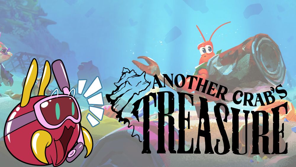 Thumbnail depicting a pogging Reef looking at the logo for Another Crab's Treasure. A background from the game's key art is faded underneath.