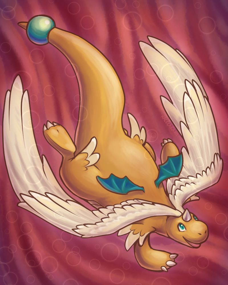 An illustration of Mega Dragonite flying while looking up at the viewer. 