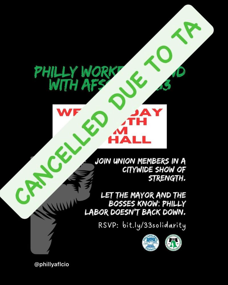 graphic promoting a labor solidarity rally with banner crossing it out that reads CANCELED DUE TO TA