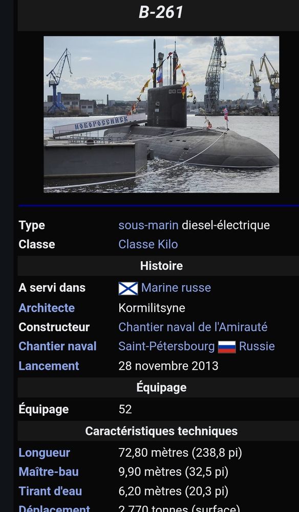 Caractéristiques techniques du  sous-marin Russe B-261