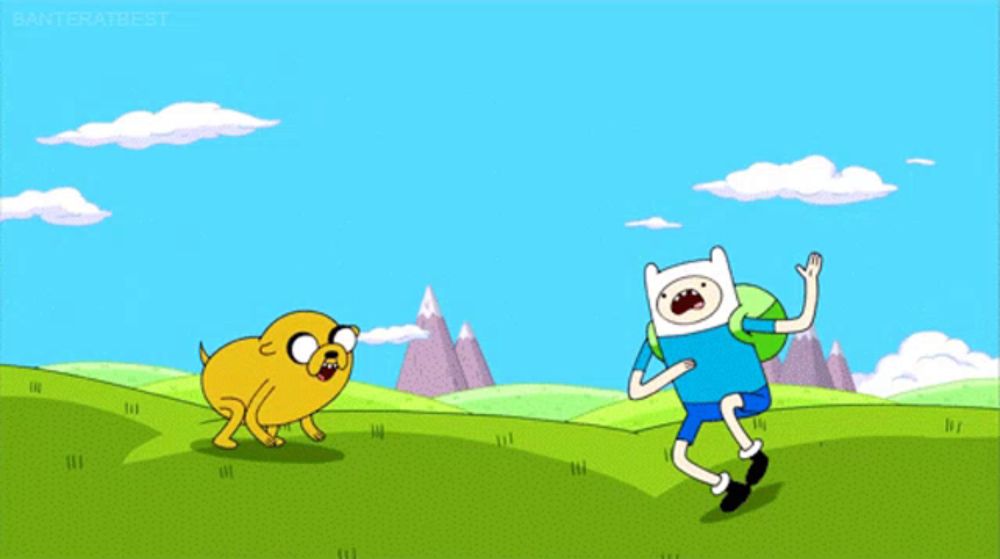 a cartoon character named finn is running away from a dog named jake in a field