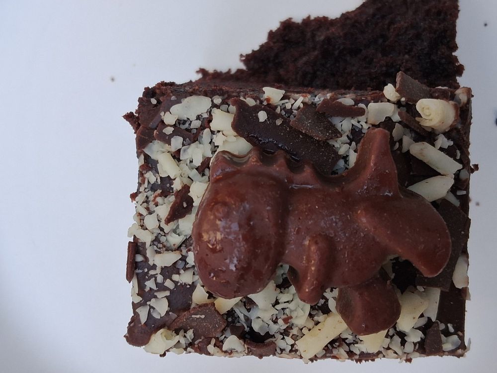 A square of chocolate cake with a chocolate dinosaur on top 