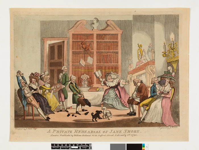 A print called ‘A Private Theatrical of Jane Shore’ with a seated woman performing with book for variously involved seated guests, a cat and dog fighting in the middle of them 