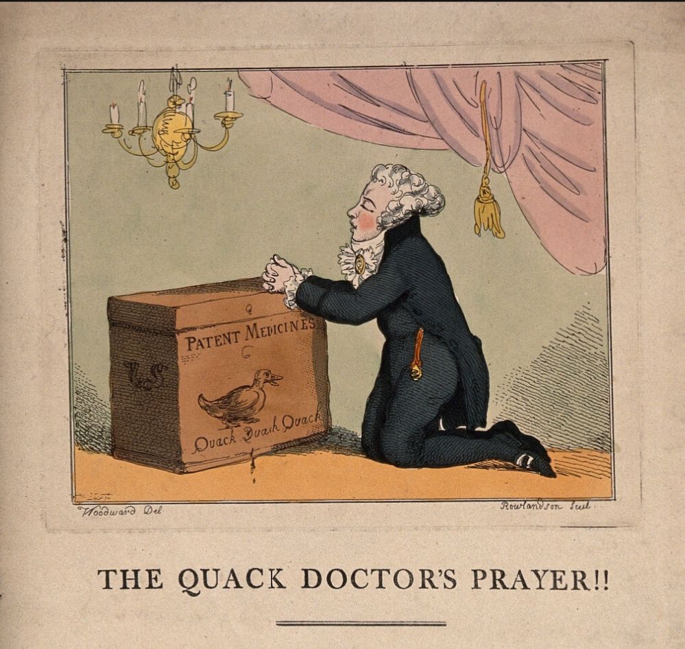 This is a sneak preview of our poster image as we finalise details - it’s a coloured etching by Thomas Rowlandson after G M Woodward from 1801 called ‘The Quack Doctor’s Prayer’ with a kneeling doctor praying over a box with a duck drawn on it. In the background there’s a candelabra and pink hangings.