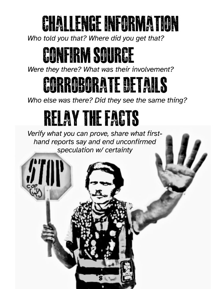 Challenge information: Who told you that? Where did you hear that?

Confirm source: Were they there? What was their involvement?

Corroborate details: Who else was there? Did they see the same thing?

Relay the facts: Verify what you can prove, share what first-
hand reports say and end unconfirmed speculation w/ certainty