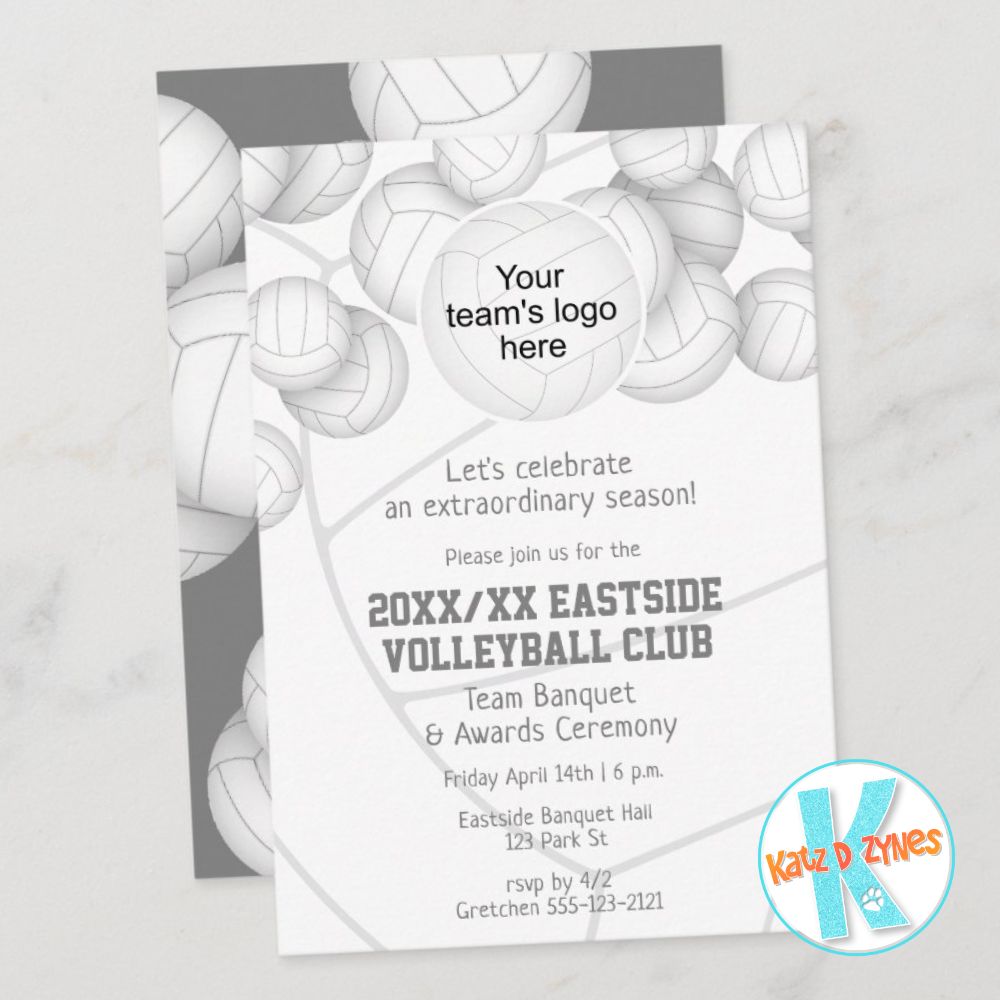 Front view and partial back view of a volleyball themed party invitation for an end-of-season celebration. The design on the front of the card features the image of a cluster of small, randomly arranged 3D-look white volleyballs that accent the top edge. Custom text templates in varied fonts are easy to personalize for a team celebration, plus you can upload your team’s logo. A cluster of larger white volleyballs fully covers the back of the card with a customizable gray background. Text on the card currently reads "Let’s celebrate an extraordinary season!" followed by team name and party details in a casual handwritten style font, overlying the image of a single abstractly oversized white volleyball. Invitation is displayed on a gray/white marble look surface.
