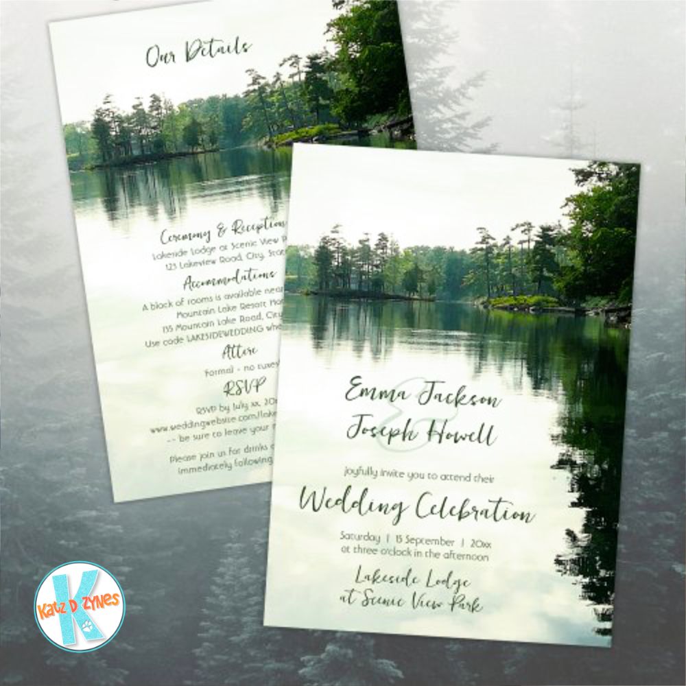 Mockup display of a combination wedding invitation/details card overlying an obscured photo of an evergreen forest. This rustic lakeside wedding invitation was created from my own personal kayaking photograph and, with the addition of a subtle digital watercolor effect and typographic elements, features a beautiful rustic scene with calm water reflecting distant evergreens, cedar trees and rock structures. Wedding date & venue are on the front of the card; additional descriptive details are on the back of the card.