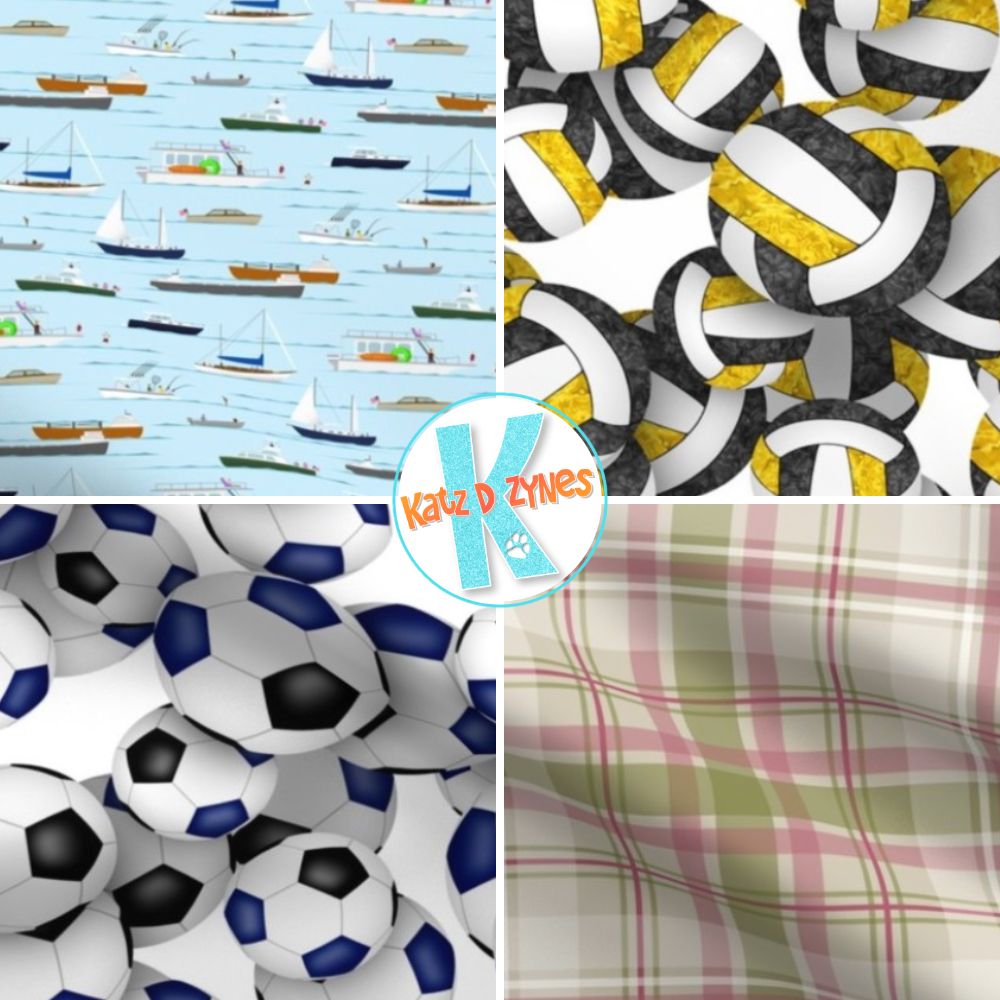 Mockup display of four different patterned fabrics available from katz_d_zynes on Spoonflower — top left: "A Day on the River" coastal lake river boating nautical pattern with ships, sailboats, a houseboat & more; top right: varied size stylized volleyballs pattern with black & gold team colors; bottom left: varied size soccer balls pattern with blue & black team colors; bottom right: sage raspberry taupe plaid pattern