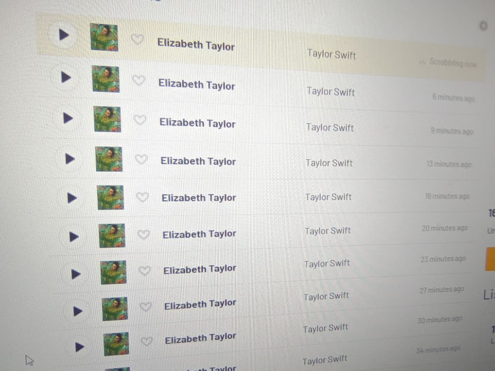 Print das faixas recentes do last.fm mostrando "Elizabeth Taylor" da Taylor Swift sendo ouvida repetidamente.