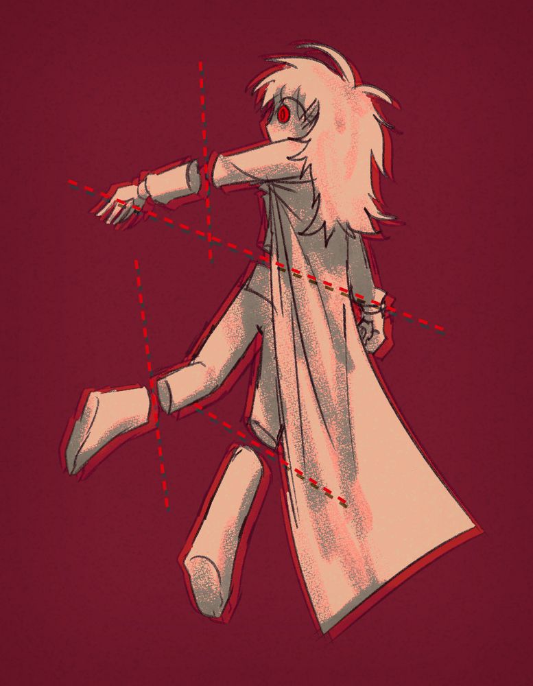 digital drawing of a young woman with long, messy hair and a long coat with several dashed lines drawing across her body, cleanly severing her limbs and torso into pieces.