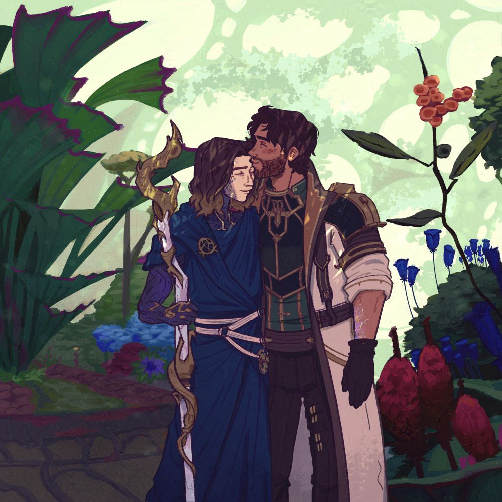Jayce Talis and Viktor from Arcane depicted in their Season 2 designs. Jayce presses a gentle kiss to Viktor's forehead, who leans in to his embrace. They share a tender moment as their faces are illuminated by the light entering within the Machine Herald's garden.