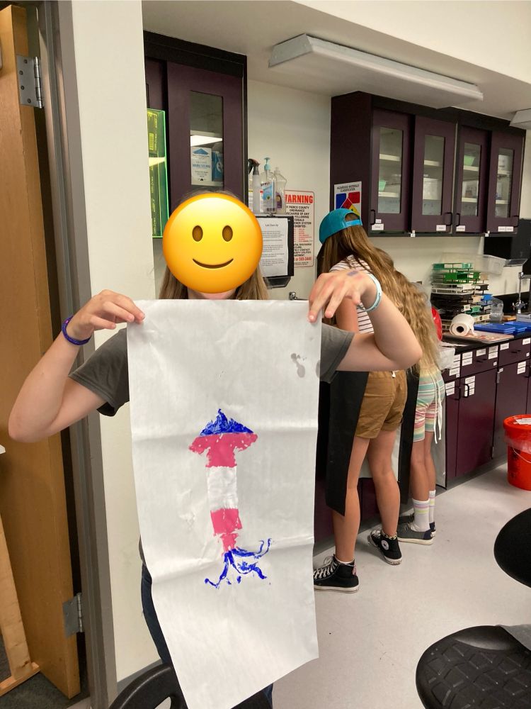 7th grader holding up a print they made in the colors of the trans flag.