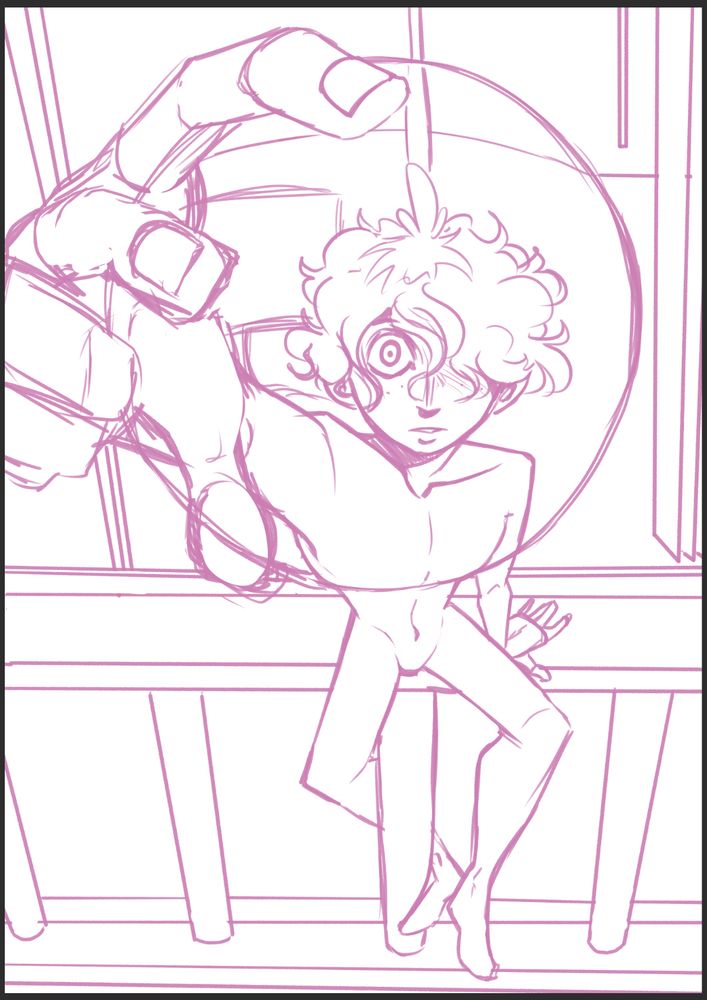 Digital sketch of Original Character (Waffle) holding up a glass marble.