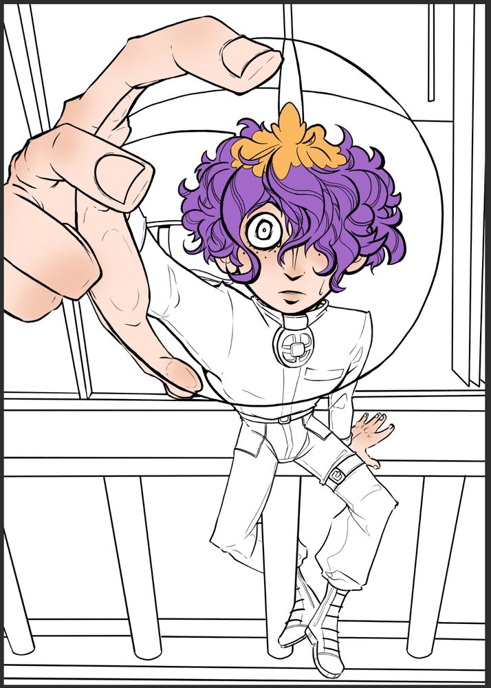 Work in progress of my oc (Waffle) holding up a glass marble to the camera.