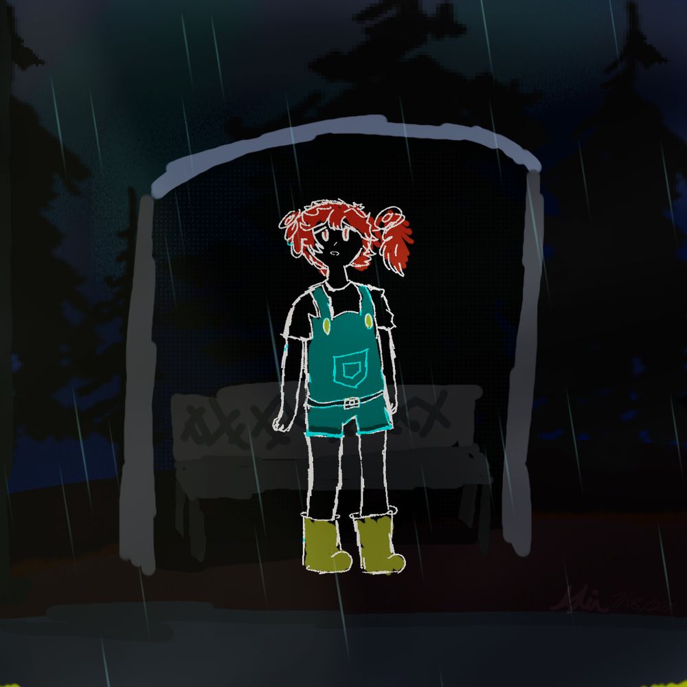 Teto standing at a bus stop at night in the windy rain. It's out of view but she has a note in her left hand. Perhaps she's waiting on something or perhaps she's just lost.