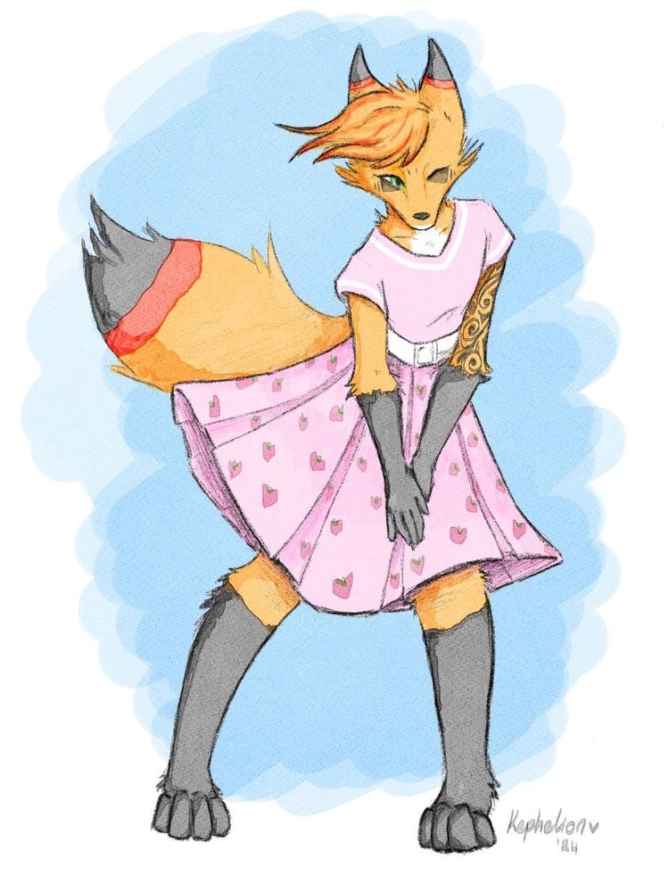 An orange fox is standing in a windy environment, his hands are holding down a pink skirt that goes to his knees which has small pictures of strawberries on it. He's got one eye closed as his tail and hair is blown in the wind