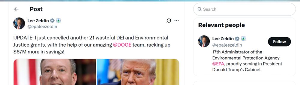 screencap of lee zeldin saying he canceled another 21 wasteful DEI and environmental justice grants with the help of DOGE to save 67 million dollars; proudly serving donald trumps cabinet