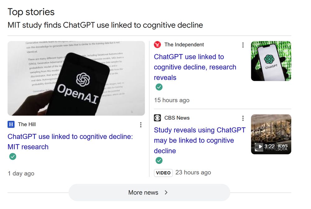 screenshot of google top stories "MIT study finds ChatGPT use linked to cognitive decline"