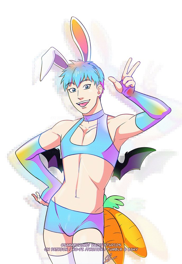 an oc with pastel blue hair as a colorful pastel bunny guy