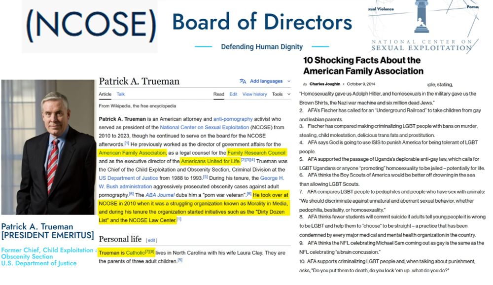 info on patrick a trueman and his link to anti lgbtqia and anti-abortion groups. He joined NCOSE in 2010 and rebranded them as how we know them today