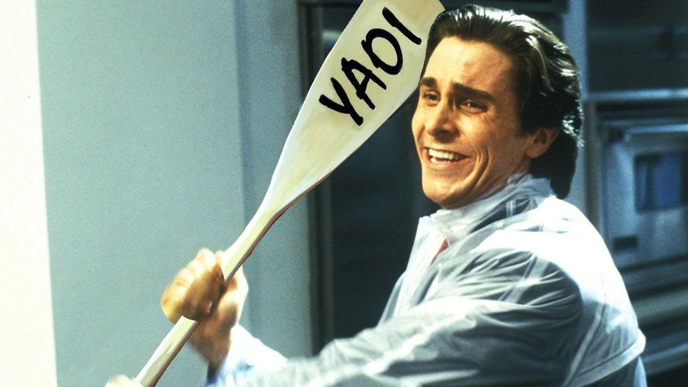 a photoshop edit of patrick bateman from american psycho holding a yaoi paddle where he was originally holding an axe
