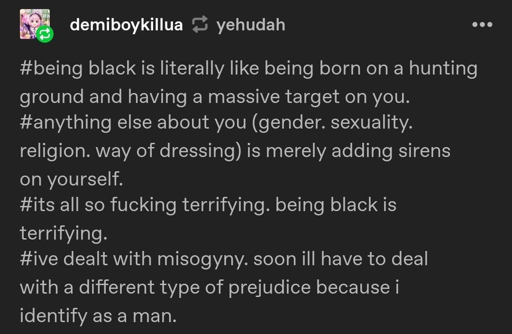 "being black is literally like being born on a hunting ground and having a massive target on you. anything else about you is merely adding sirens on yourself"