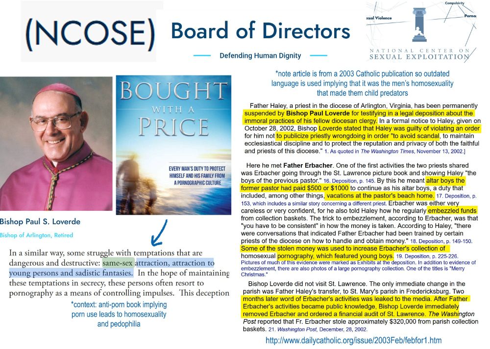 info on Bishop Paul S Loverde. he compares same-sex attraction to pedophilia and around 2003 he pushed out a priest who tried warning him about sexually abusive bishops and priests