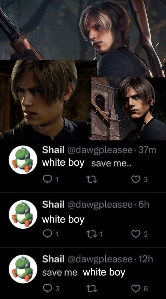Leon S Kennedy from RE4 remake over the 'save me white boy. white boy save me' meme