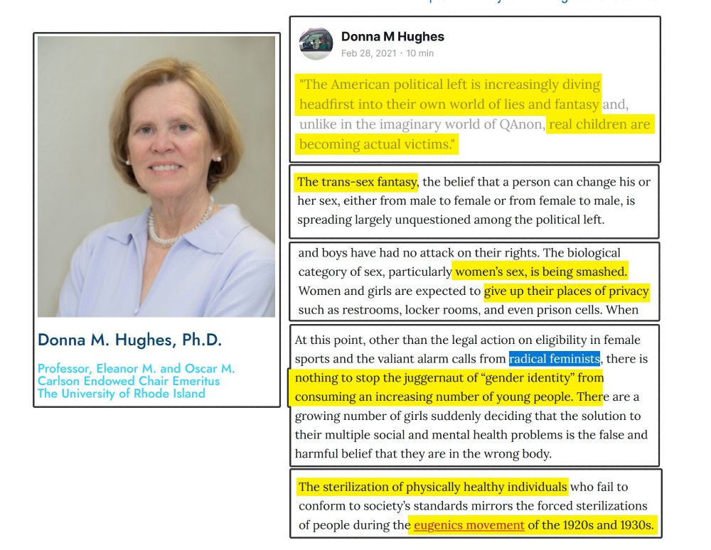 Donna M Hughes who wrote an anti-trans manifesto. She mentions radical feminists as being one of the 'valiant alarm calls' fighting back against "gender identity"