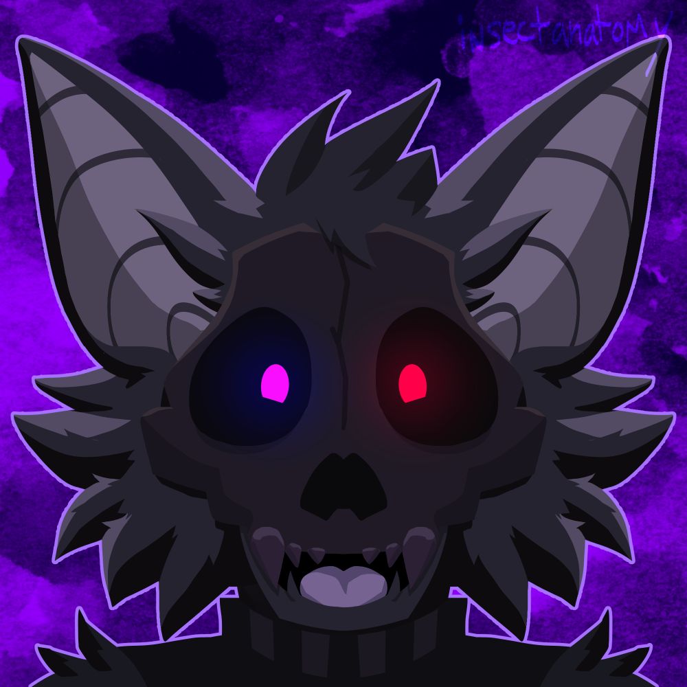 Dark gray skullbat with purple right eye and red left eye.