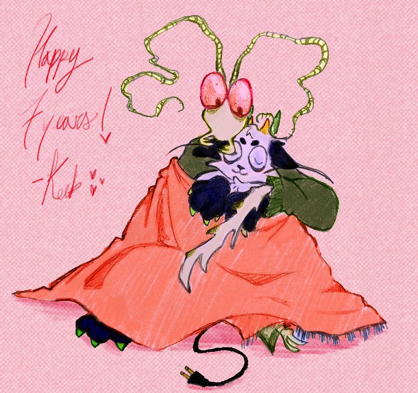 Large mantis fursona and cat fursona with edison cable tail cuddling under pink blanket 
#furryart #bugart #critterart