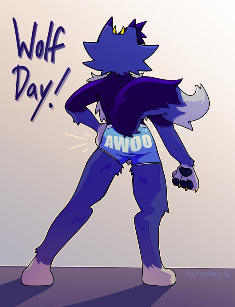Blue wolf fursona not facing the camera with booty shorts that say “AWOO” on them.