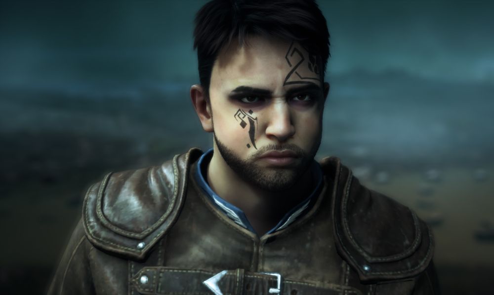 A brunette human trans male with black facial tattoos, in leather armor, with a serious expression
