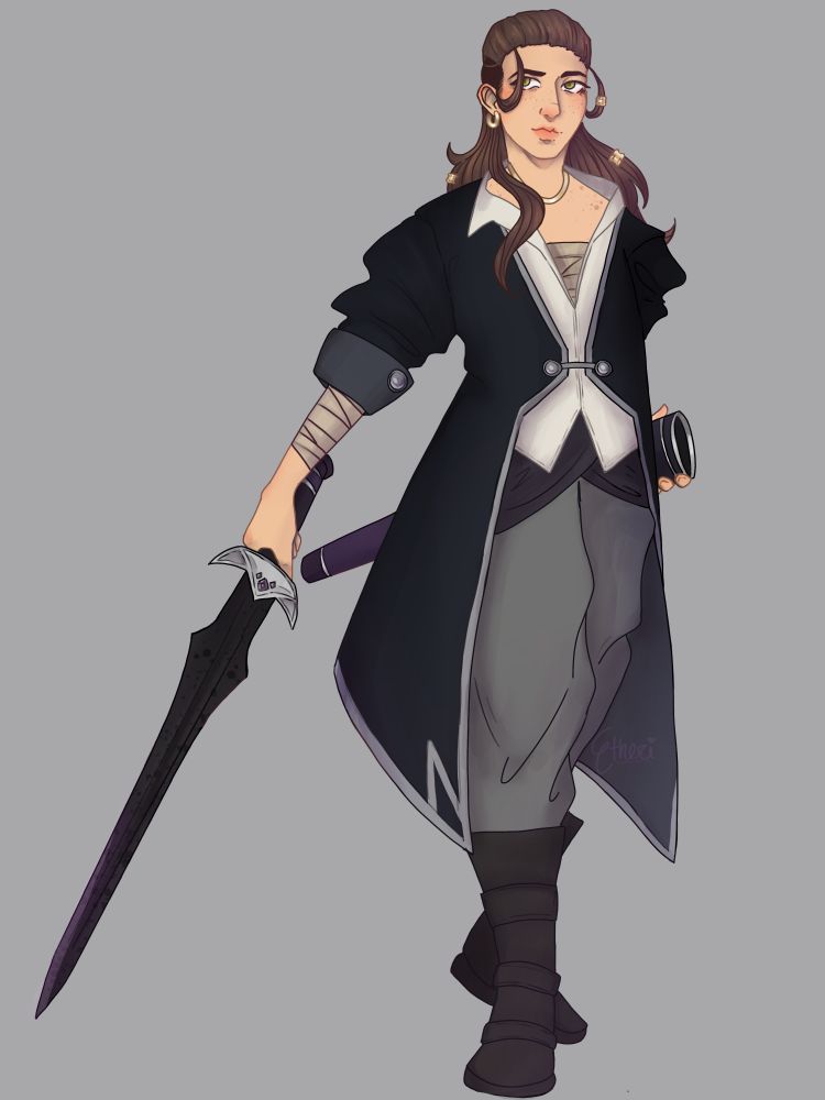 Illustration of D&D character Nadja Brishen, they're holding onto a sword witha purple hue.