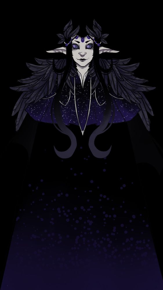 Drawing of a womam with bird-like features, specifically raven.
Her eyes are purely purple. Gems hang around her forehead and to her long ears and the gems look very similar to her eyes.
She has a feather shoulder decoration and her clothes seem to blend in with darkness.