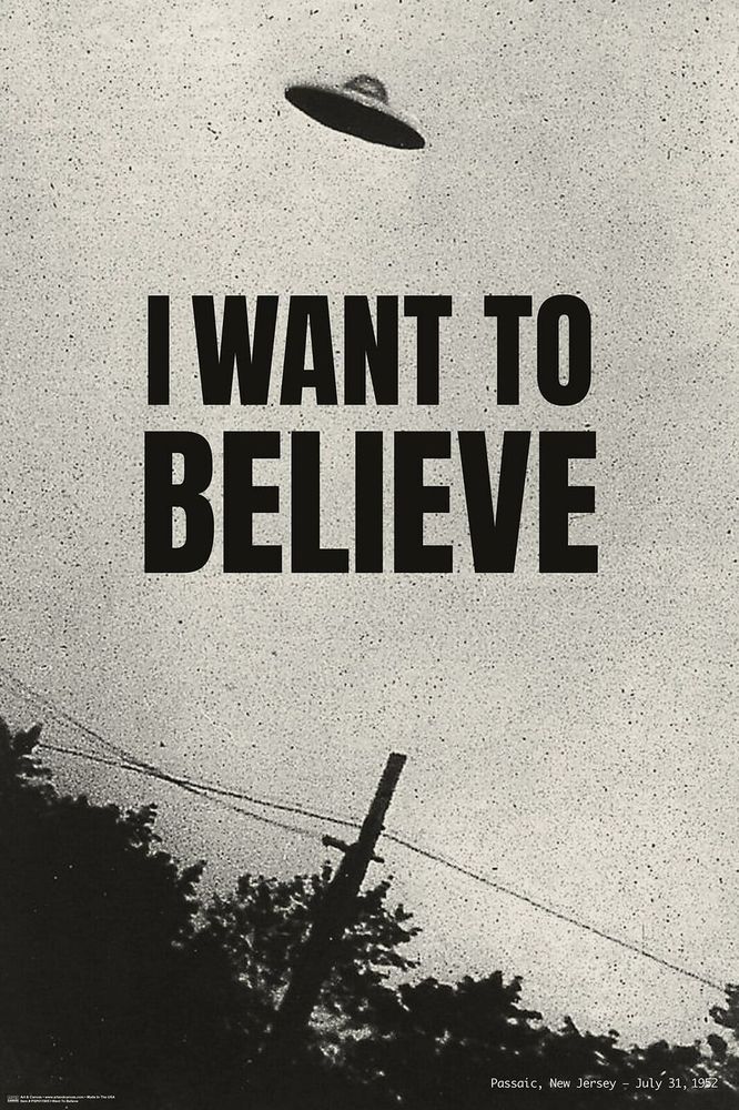 An image of a poster from the series The X Files featuring a UFO over a black-and-white landscape with text in the middle reading "I WANT TO BELIEVE"